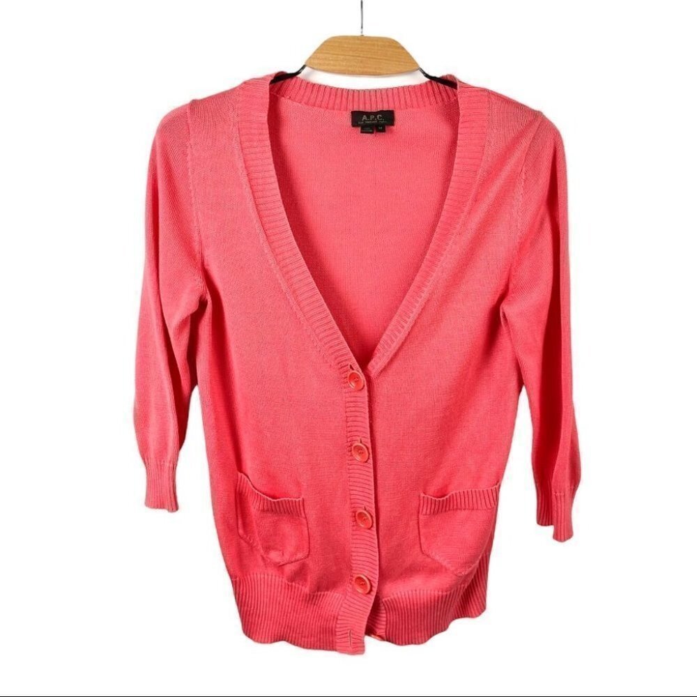 A.P.C. Paris Coral Red Pima Cotton Button Front V Neck Cardigan Size M - Picture 2 of 6